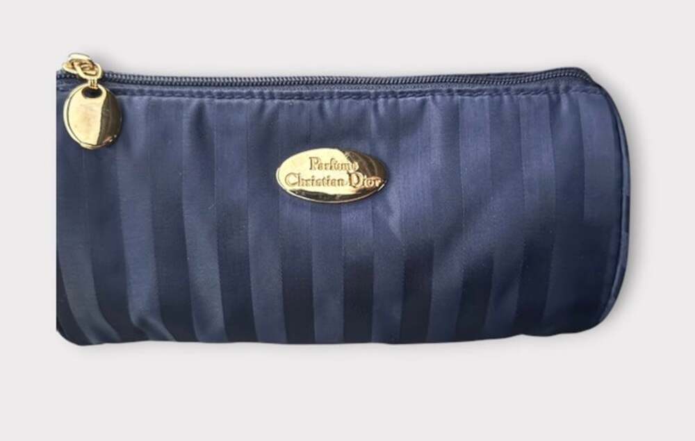 intage Christian Dior Navy Blue Striped Barrel Cosmetic Pouch
